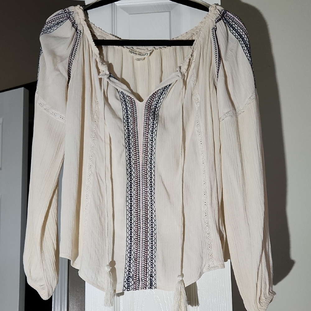 Hippie Laundry Cream Ruffled Tie Front Blouse